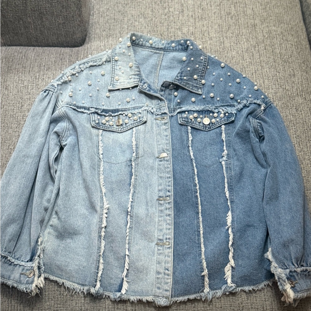 SHEIN Two-Tone Denim Jacket with Pearl Details